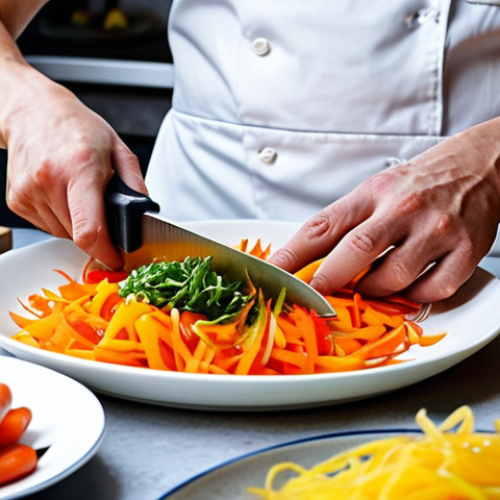 Home 4 **
Close-up shot of a chef's hands expertly using a sharp Japanese chef's knife to julienne colorful vegetables (carrots, bell peppers). A well-organized workstation with various cutting boards and mise en place containers in the background. Emphasis on precision and professional knife skills. Consider using Dutch Delftware tiles subtly in the background for a local touch.
**