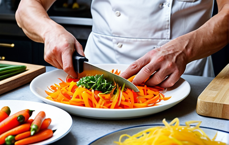 **
Close-up shot of a chef's hands expertly using a sharp Japanese chef's knife to julienne colorful vegetables (carrots, bell peppers). A well-organized workstation with various cutting boards and mise en place containers in the background. Emphasis on precision and professional knife skills. Consider using Dutch Delftware tiles subtly in the background for a local touch.
**