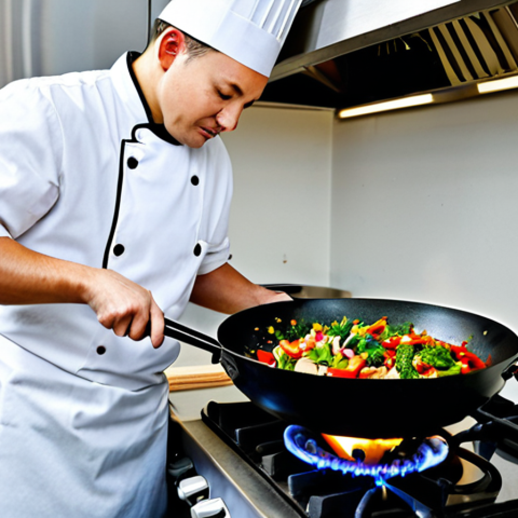 Culinary Scene with Wok**

"A modern, brightly lit kitchen scene. A fully clothed chef in a professional apron is stirring ingredients in a carbon steel wok over a gas stove. Various colorful vegetables and spices are visible on the counter. Background includes a clean countertop and stainless steel appliances. Safe for work, appropriate content, fully clothed, professional, perfect anatomy, correct proportions, well-formed hands, proper finger count, natural pose, high quality, detailed textures."

**