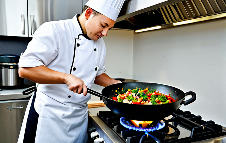 Culinary Scene with Wok**

"A modern, brightly lit kitchen scene. A fully clothed chef in a professional apron is stirring ingredients in a carbon steel wok over a gas stove. Various colorful vegetables and spices are visible on the counter. Background includes a clean countertop and stainless steel appliances. Safe for work, appropriate content, fully clothed, professional, perfect anatomy, correct proportions, well-formed hands, proper finger count, natural pose, high quality, detailed textures."

**
