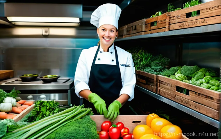 다문화 요리사와 식재료 관리 노하우 - A professional Dutch chef, appearing knowledgeable and dedicated, is carefully inspecting a crate of...