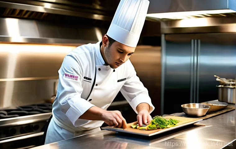 다문화 요리사 자격증 준비 가이드 - **Prompt:** A professional chef, wearing a smart casual yet practical uniform including a dark apron...