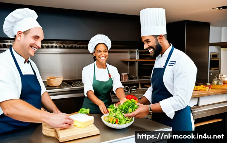 다문화 요리사 네트워킹 팁 - A vibrant multicultural kitchen scene in the Netherlands, featuring diverse chefs wearing profession...