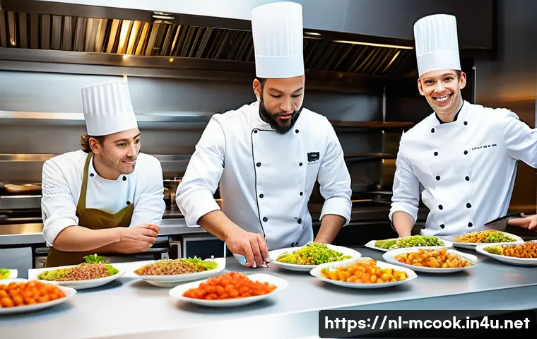 다문화 요리사로 이직하기 좋은 회사 - A vibrant fine dining kitchen scene in Amsterdam featuring a multicultural team of chefs in professi...