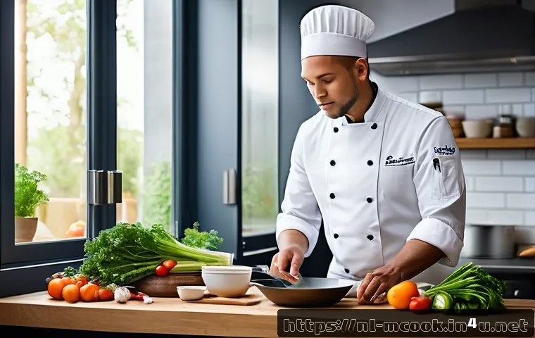 다문화 요리사 취업 포트폴리오 작성법 - A professional Dutch kitchen setting showcasing a multicultural chef in stylish chef&rsquo;s whites, prepa...