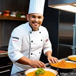Home 19 다문화 요리사 자격증 발급 기관 - A professional multicultural chef in a modern Dutch kitchen, preparing a vibrant spread of internati...