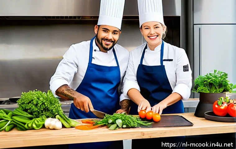 다문화 요리사와 지속 가능한 요리 - A vibrant multicultural kitchen scene in the Netherlands showcasing chefs of diverse ethnic backgrou...