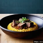 Home 23 다문화 요리사로서 겪는 문화 충격 - A vibrant fusion dish beautifully plated on a rustic ceramic plate, combining Mediterranean and Asia...