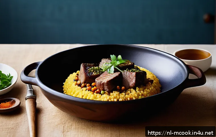 다문화 요리사로서 겪는 문화 충격 - A vibrant fusion dish beautifully plated on a rustic ceramic plate, combining Mediterranean and Asia...