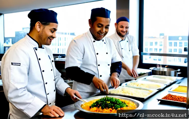 다문화 요리사에게 유리한 국가 및 지역 - Photorealistic multicultural chef team collaborating in a bright modern Amsterdam restaurant kitchen...